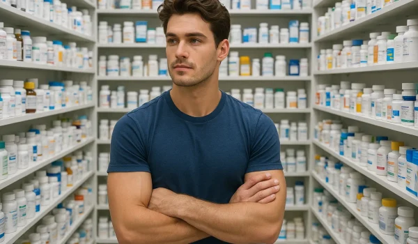 عکس مردی در جوان در داروخانه در میان هزاران دارو به جستجوی داروی ترک خودارضایی