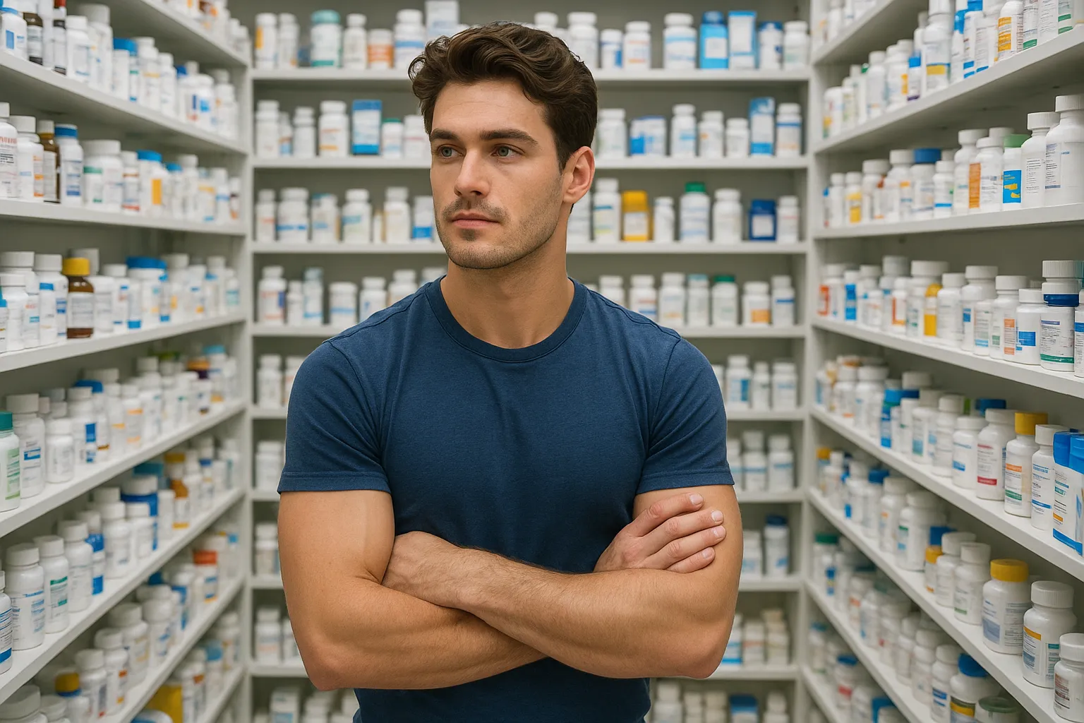 عکس مردی در جوان در داروخانه در میان هزاران دارو به جستجوی داروی ترک خودارضایی
