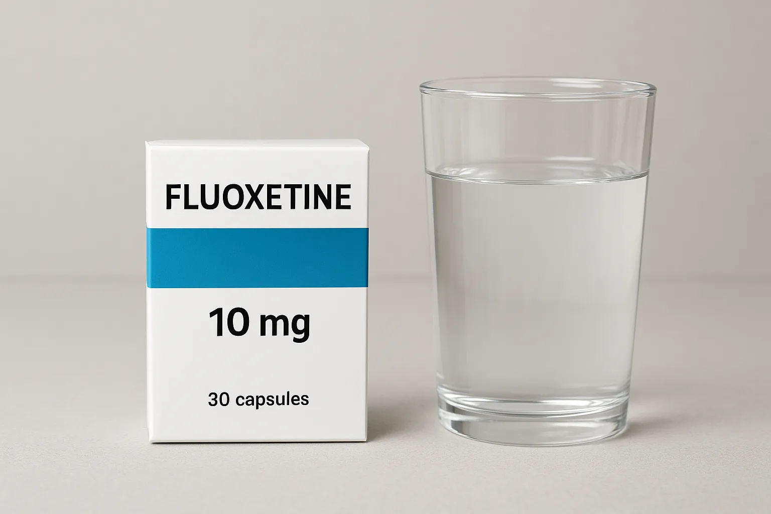 پاکت داروی فلوکستین در کنار یک لیوان آب با پشت صحنه سفید