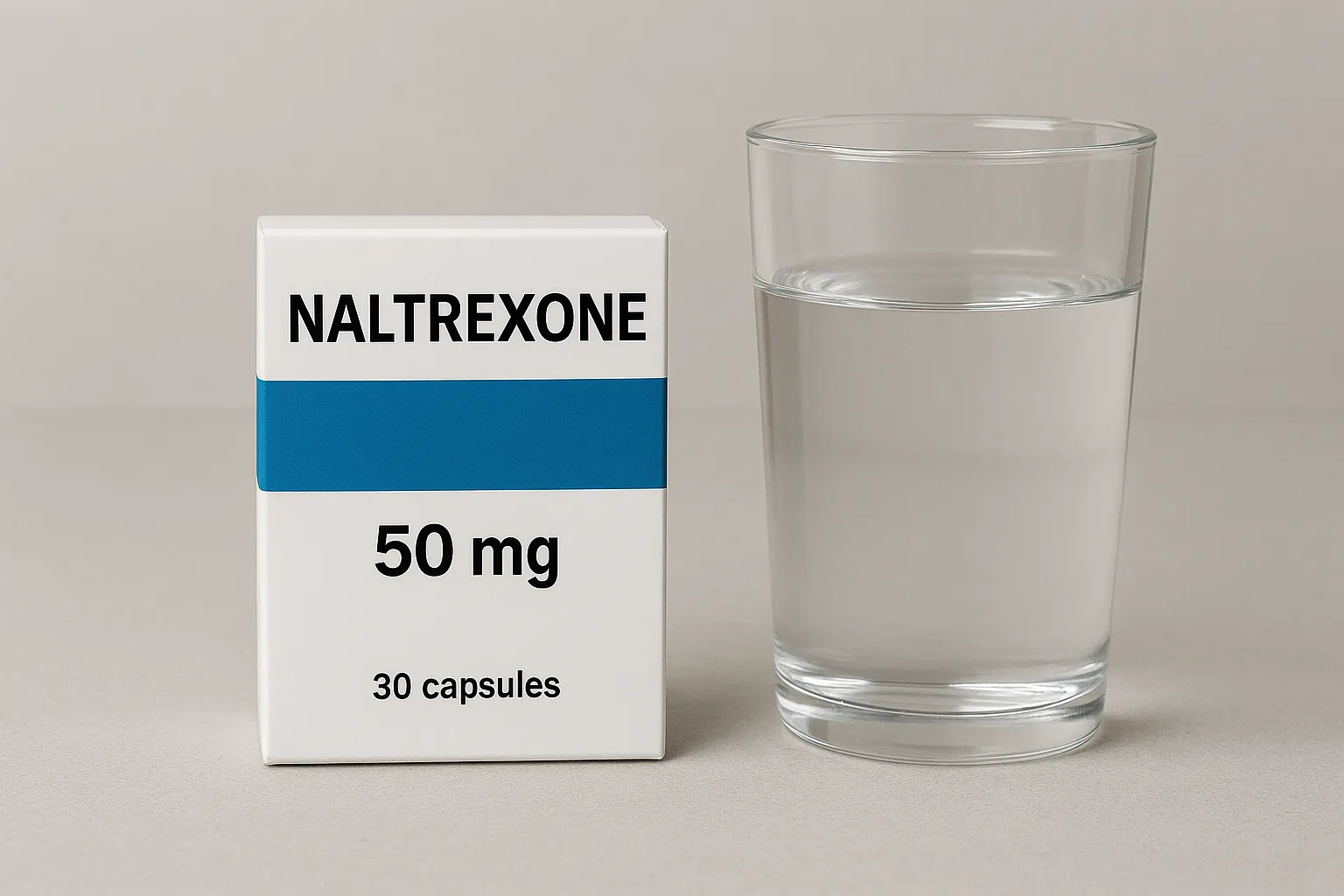 عکس پاکت نالترکسون در کنار یک لیوان آب در محیط و میز سفید رنگ