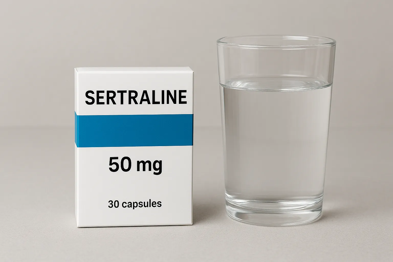 عکس پاکت داروی سرترالین 50 در کنار یک لیوان آب