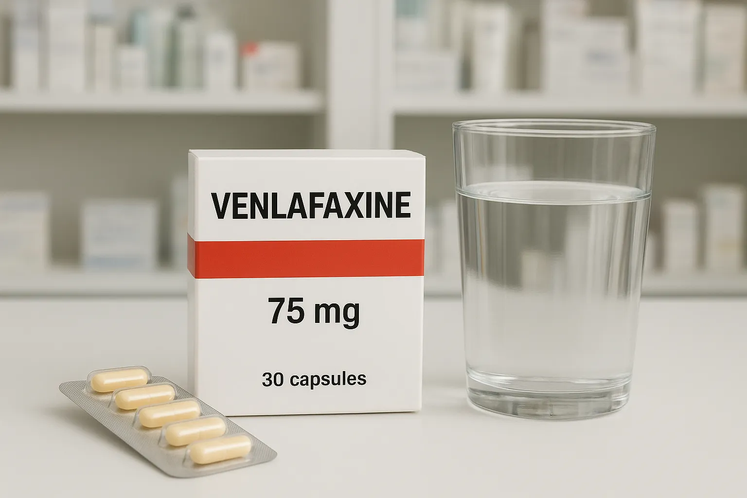 پاکت داروی ونلافاکسین در محط داروخانه روی میز با یک لیوان آب