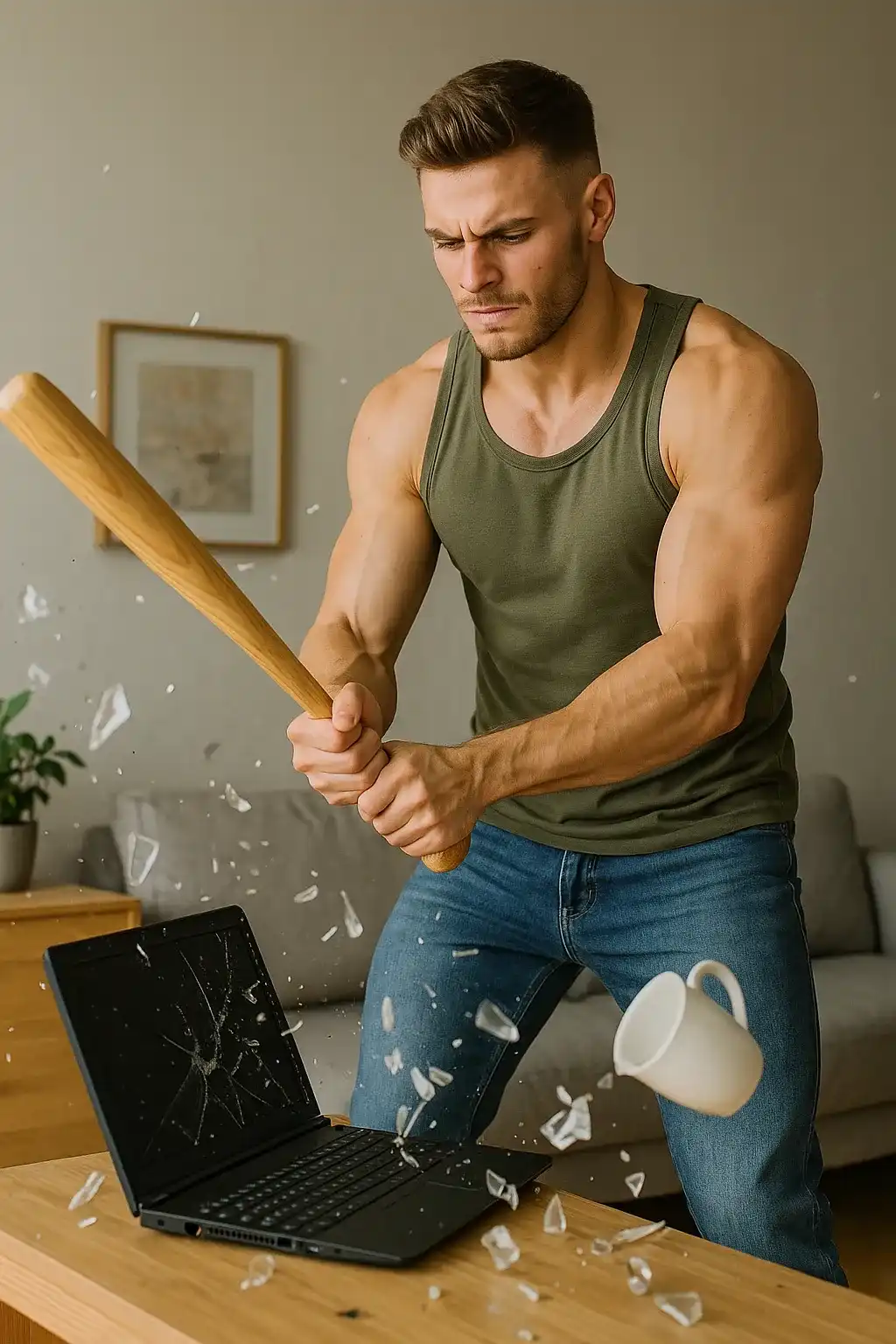 جوانی با چوب بیس بال در حال شکستن وسایل خانه.عصبانی و پرخاشگر شده است