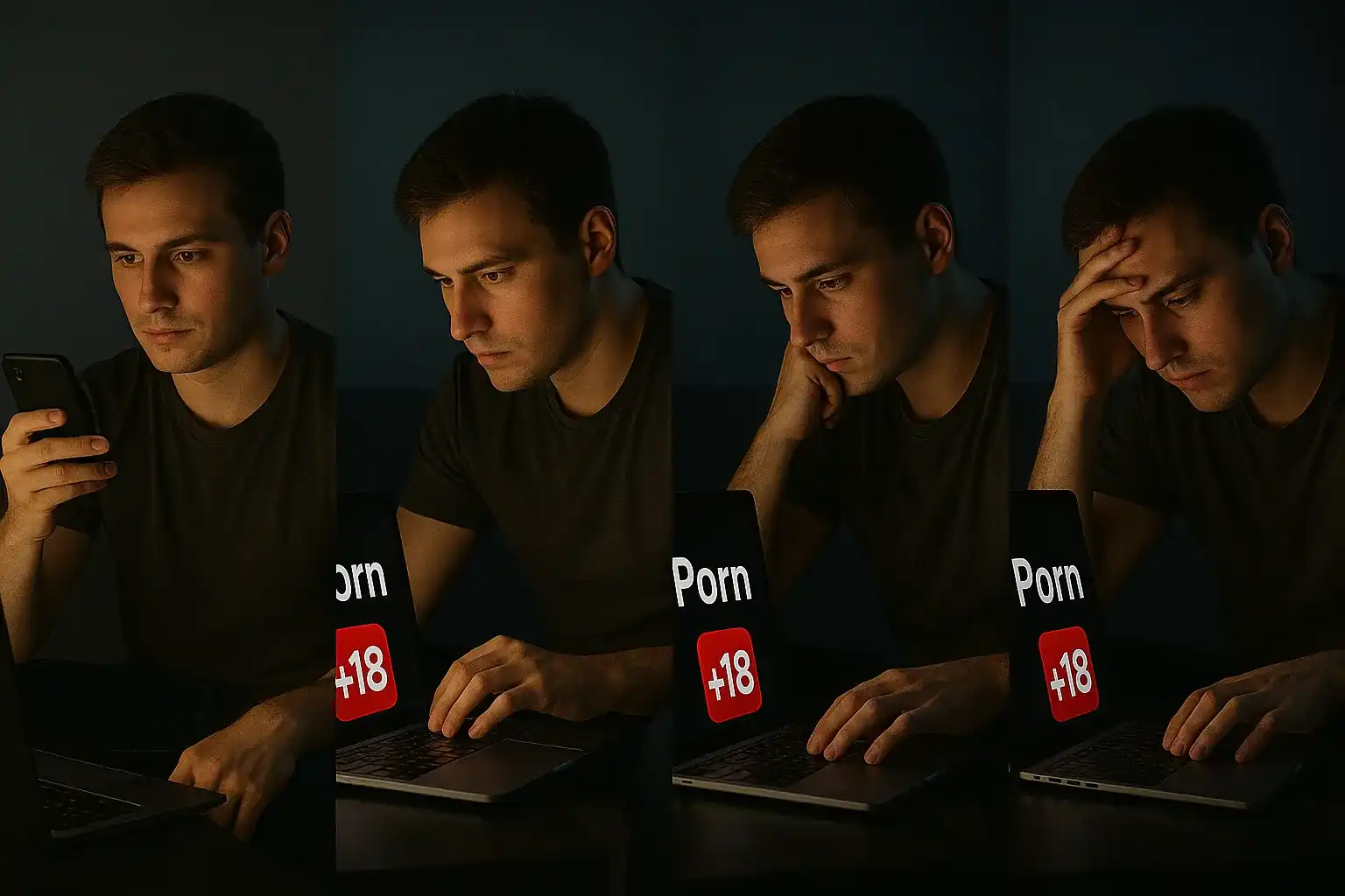 چهار عکس از یکنفر در یک قاب که روی موبایلش نوشته شده فیلم پورن 