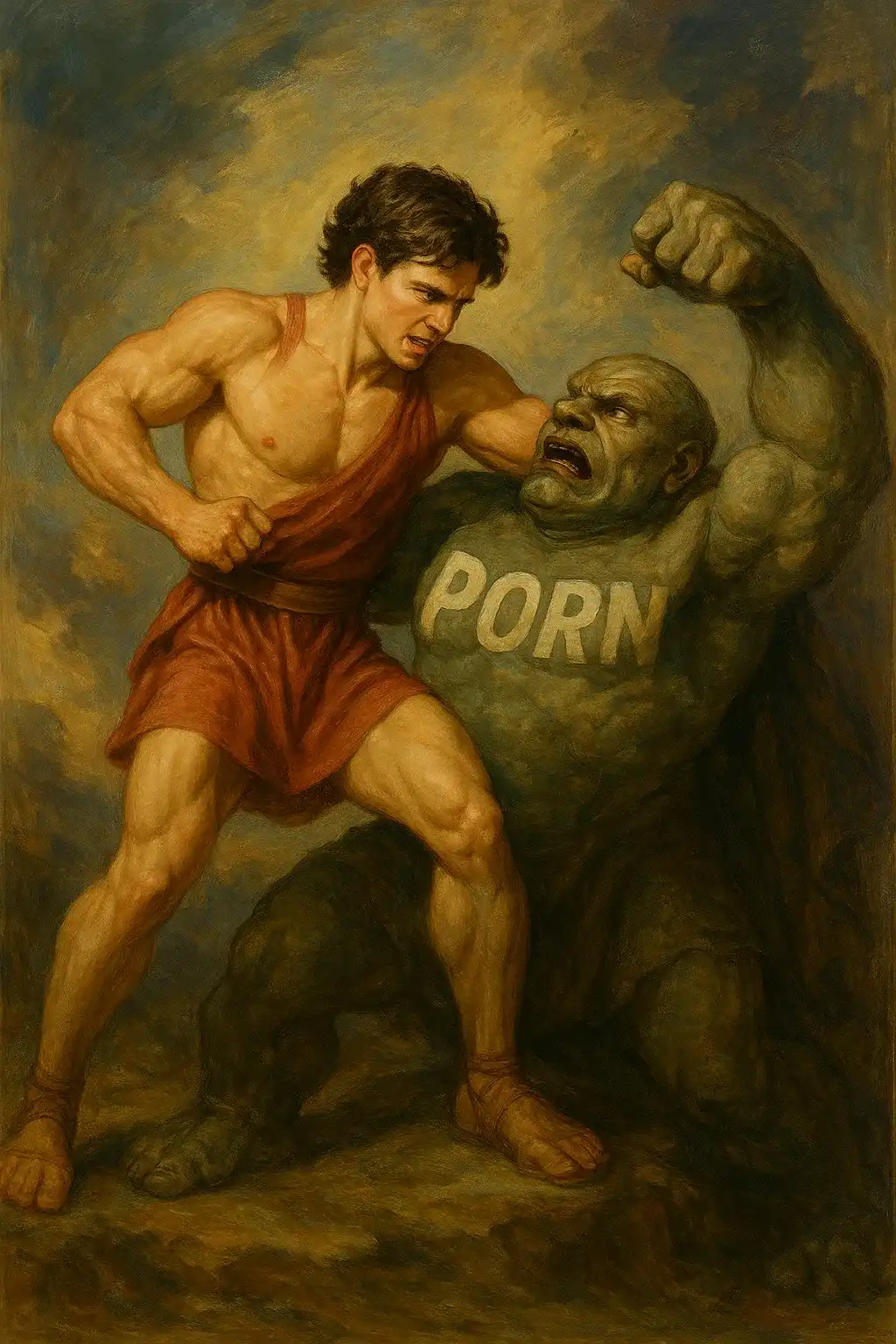 جوانی در حال جنگیدن با غول نمادین پورن