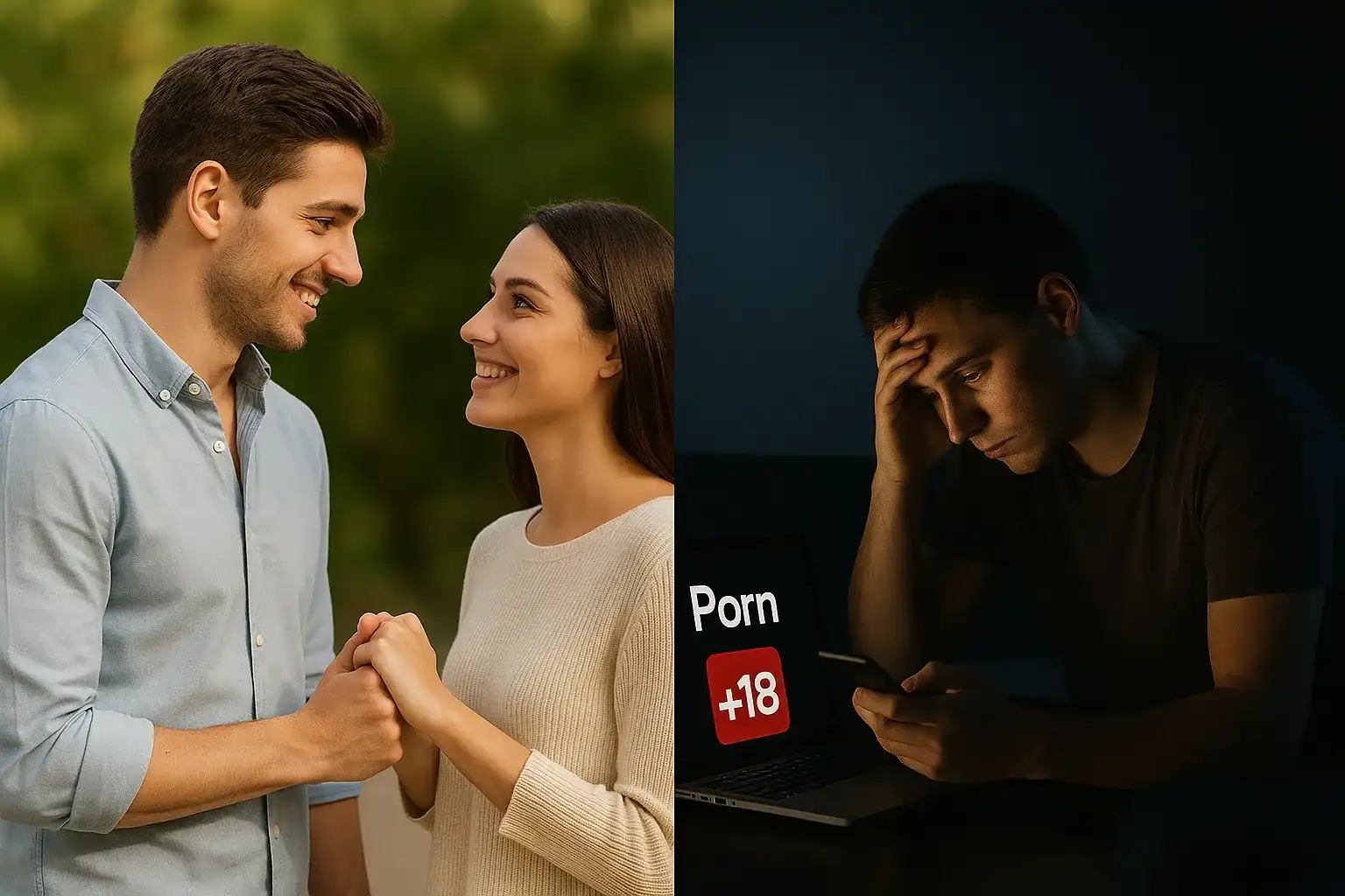 دو نفر در یک قاب.یکی جوانی در اتاق تاریک و افسرده در حال دین فیلم پورن و دیگر خشحال دست در دست معشوقه اش