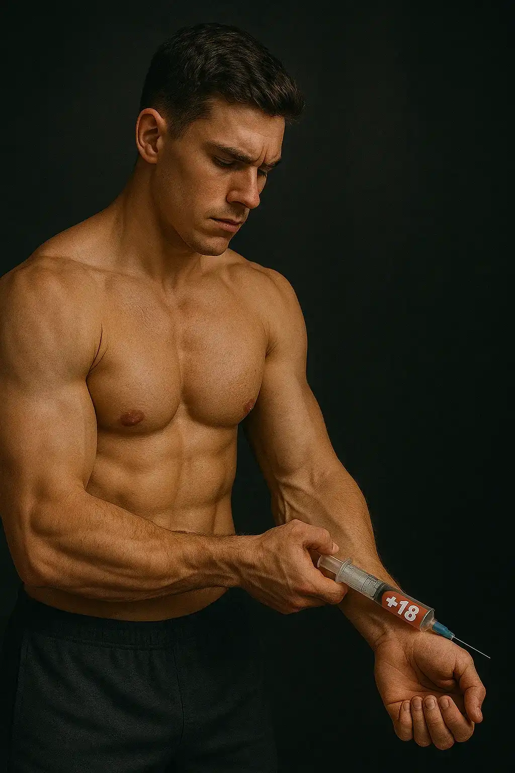 جوانی زیبا و فیتنس در حال تزریق آمپولی که روی آن نوشته شده +18 .عکس مفهومی از اعتیاد به فیلم پورن
