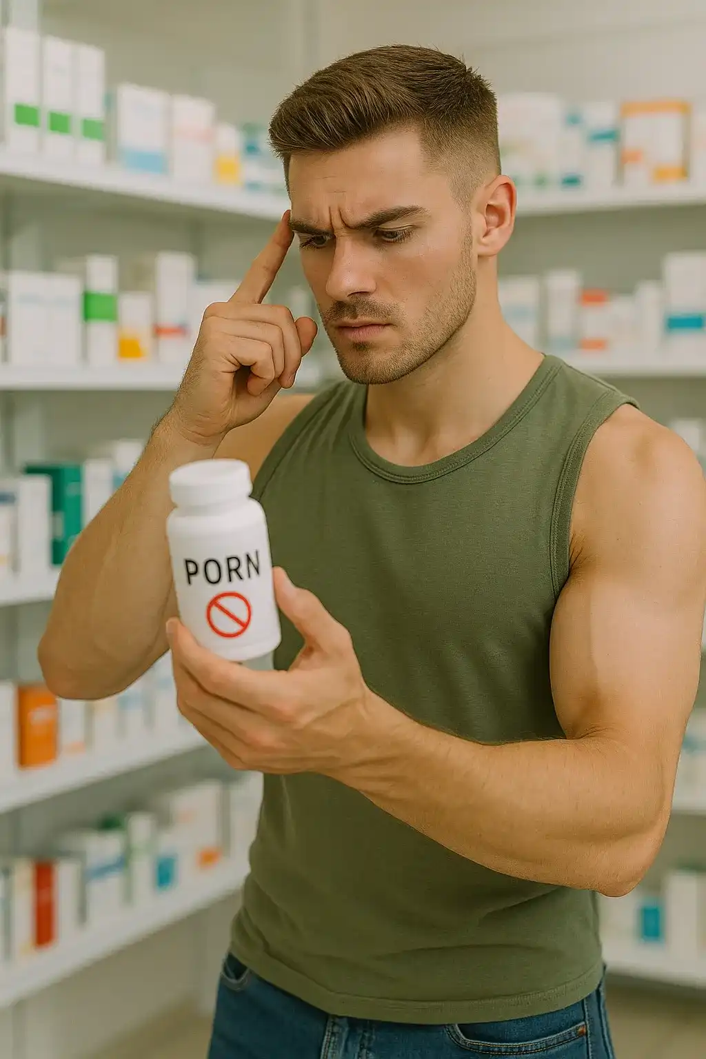 جوانی در داروخانه در دستش داروی ترک فیلم پورن هست
