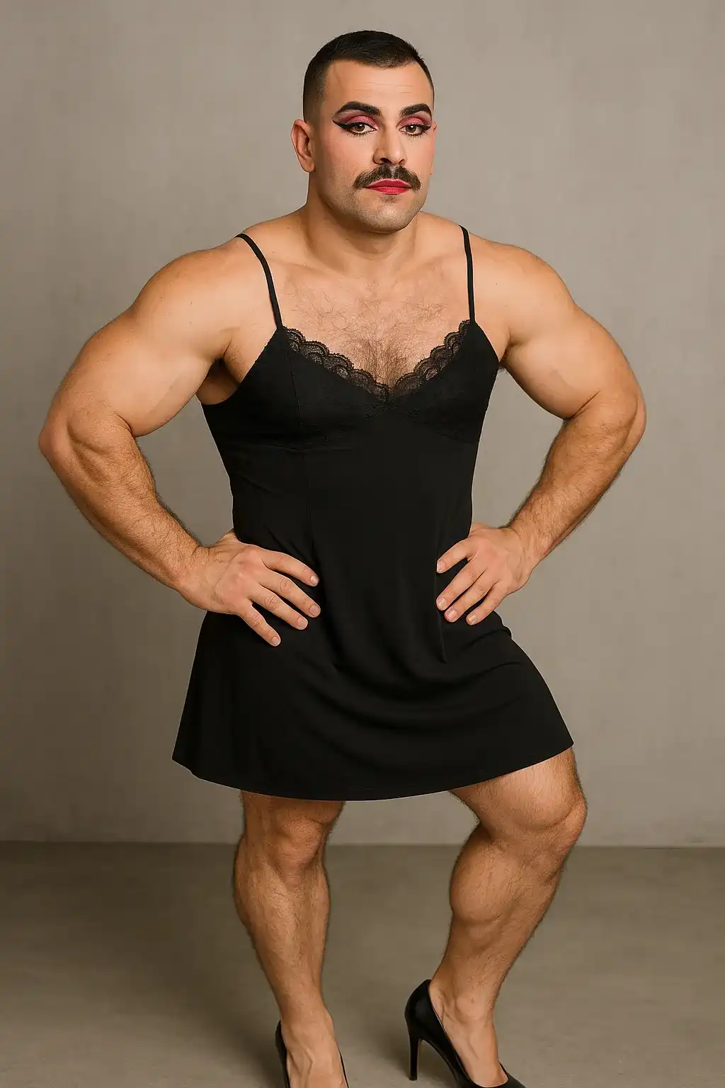 مرد تنومند و هیکلی با سیبیل و آرایش زنانه که لباس زنانه پوشیده