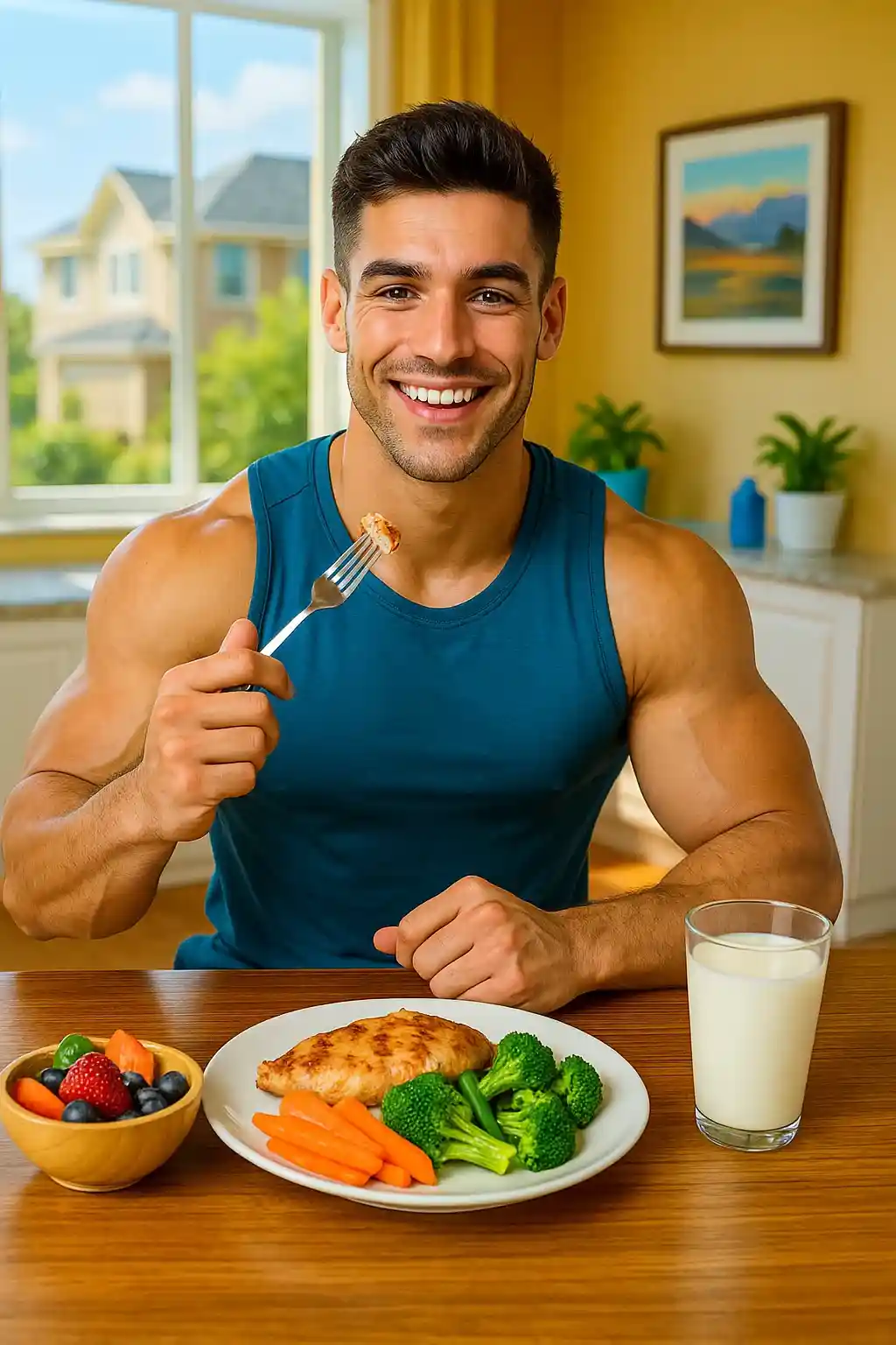 جوان فیتنس در حال خوردن غذاهای مقوی.