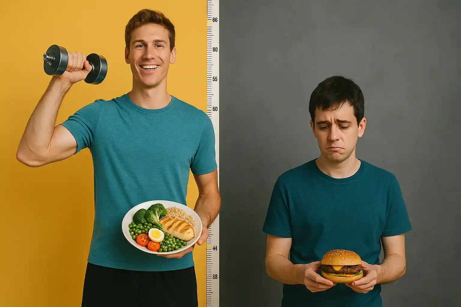 تصویر ترکیبی افقی از دو جوان؛ سمت چپ جوان قدبلند و خوشحال با ورزش و تغذیه سالم، سمت راست جوان قدکوتاه و افسرده با تغذیه ناسالم و انجام خودارضایی مکرر