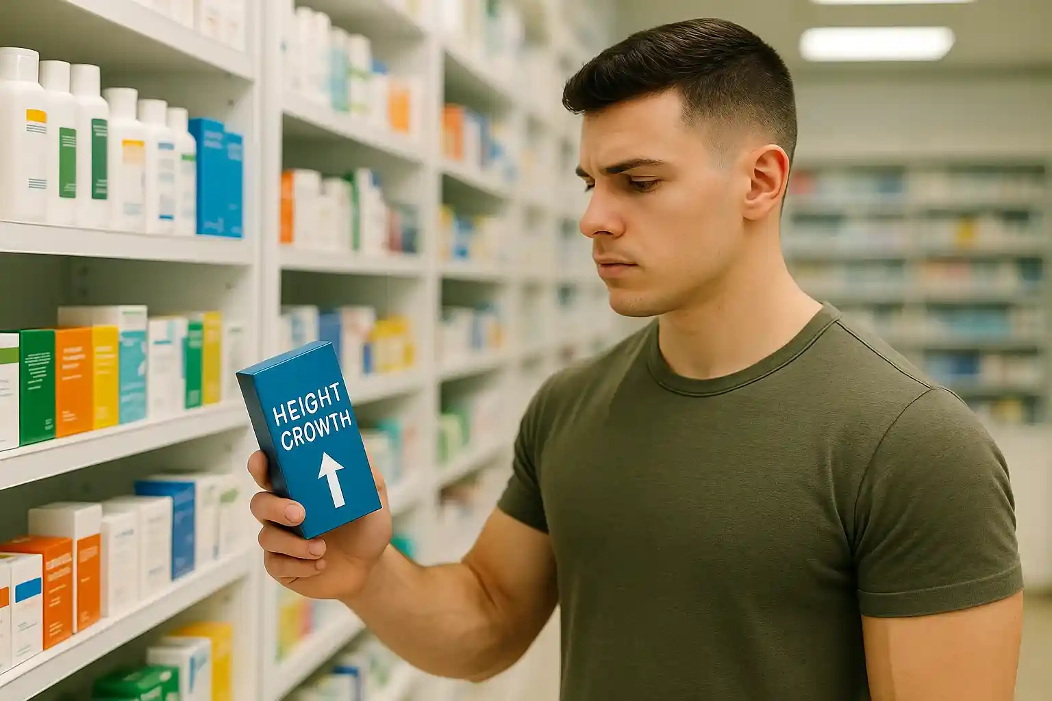 جوان قد کوتاه در داروخانه به دنبال داروی افزایش قد.
