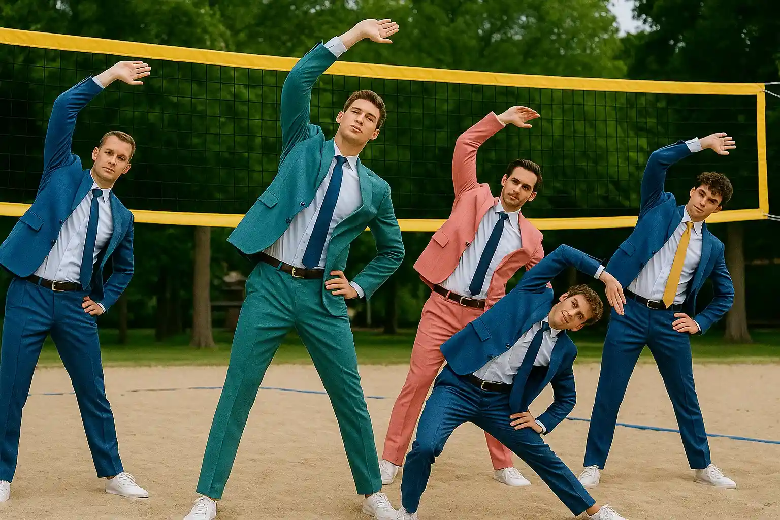 جوانان قدبلند با کتوشلوارهای رنگی و شاد در زمین والیبال ساحلی در حال حرکات کششی.