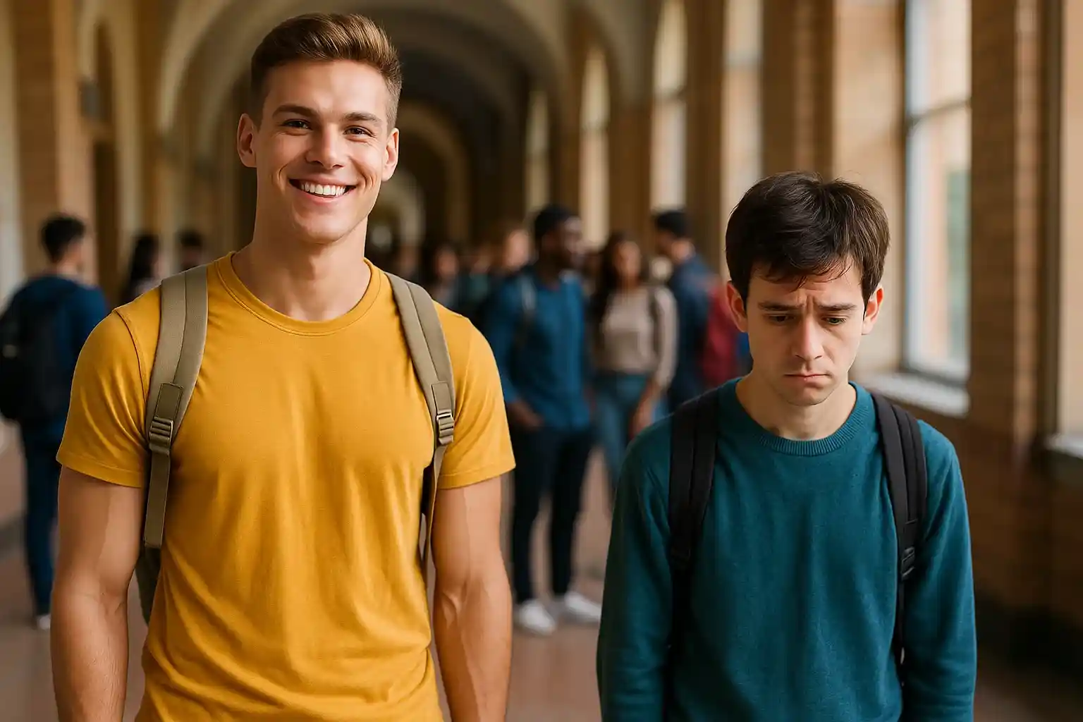 عکس جوان قد بلند خوشحال و جوان قد کوتاه افسرده در محیط دانشگاه.