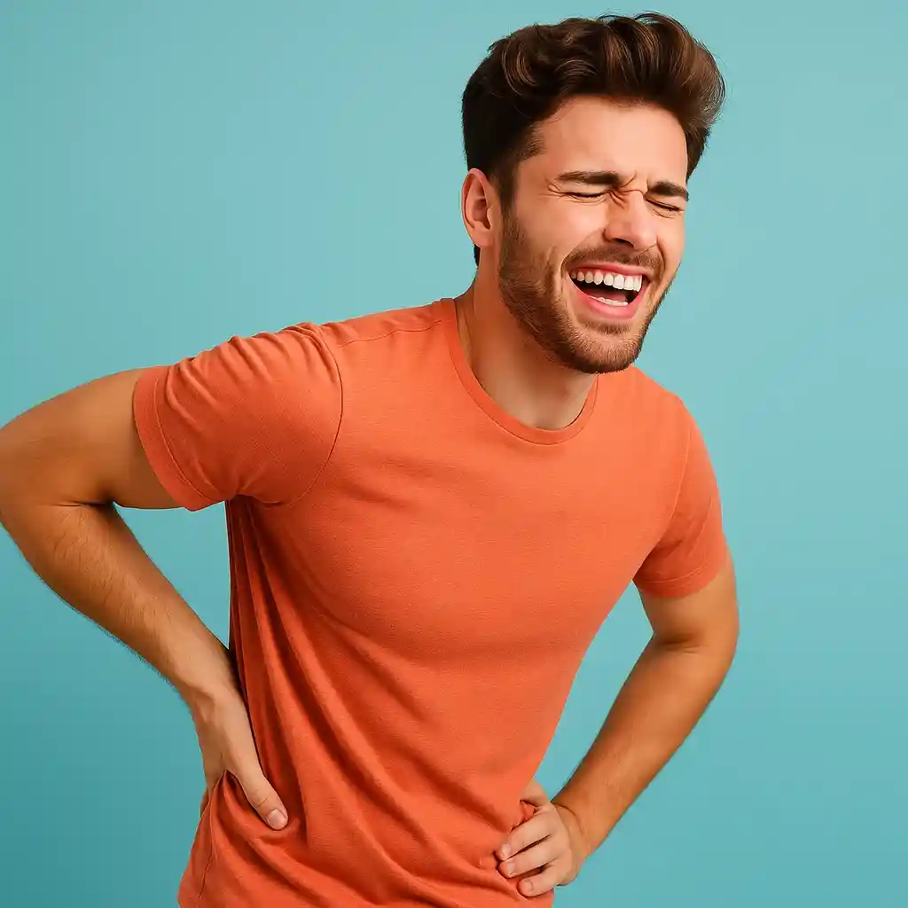 پسری با لباس نارنجی و پس زمینه نارنجی دست را به کمرش زده و احساس کمر درد میکند