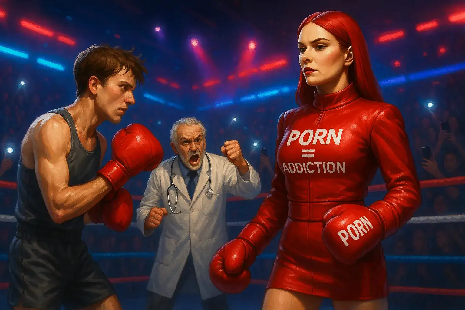 صحنه بوکس میان زن با لباس قرمز و نوشته PORN = ADDICTION و جوانی خسته، با دکتری که در کنار رینگ او را تشویق می‌کند؛ نماد نبرد ذهن با اعتیاد به پورن.