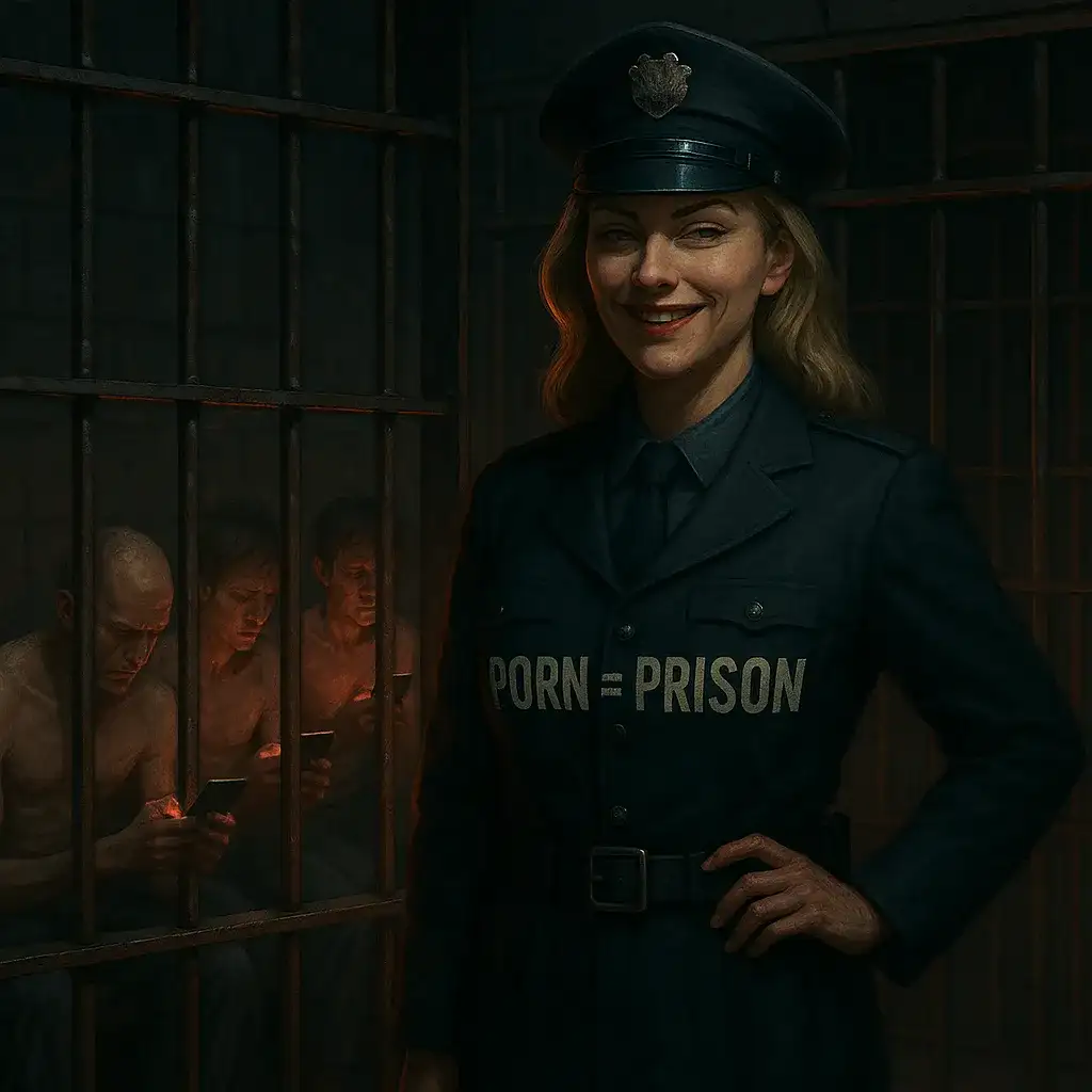 زن زندان‌بان با لباس تیره و نوشته PORN = PRISON روی لباسش، در حالی که جوانان خسته پشت میله‌ها نشسته‌اند و به موبایل‌هایشان خیره‌اند؛ نماد اسارت ذهن در اعتیاد به پورن.
