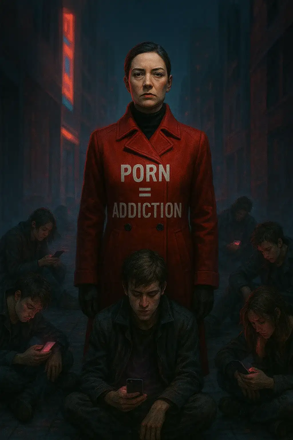 زن با لباس قرمز در مرکز خیابان نئون و جوانان خسته و بی‌جان در اطرافش؛ نماد تأثیر مخرب اعتیاد به پورنوگرافی بر نسل جوان.