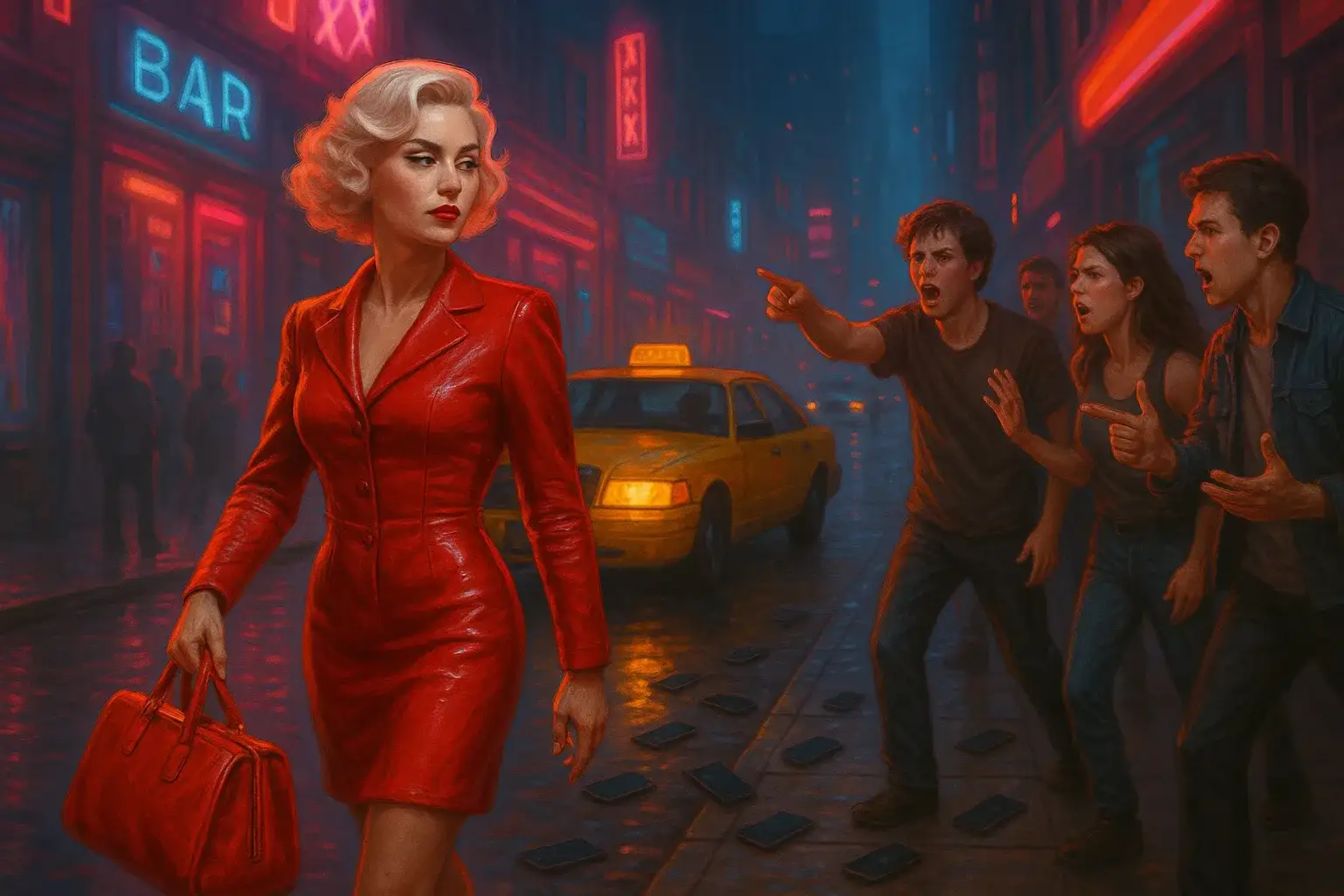 زن با لباس قرمز و ساک در دست که به سمت تاکسی زرد در حال رفتن است و جوانان خشمگین موبایل‌های شکسته‌شان را روی زمین انداخته‌اند؛ نماد بیداری از فریب پورن.