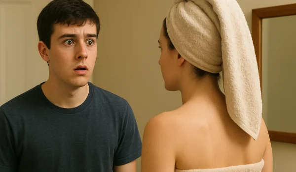 پسری که به خواهرش که از حمام بیرون آمده است با اضطراب نگاه میکند
