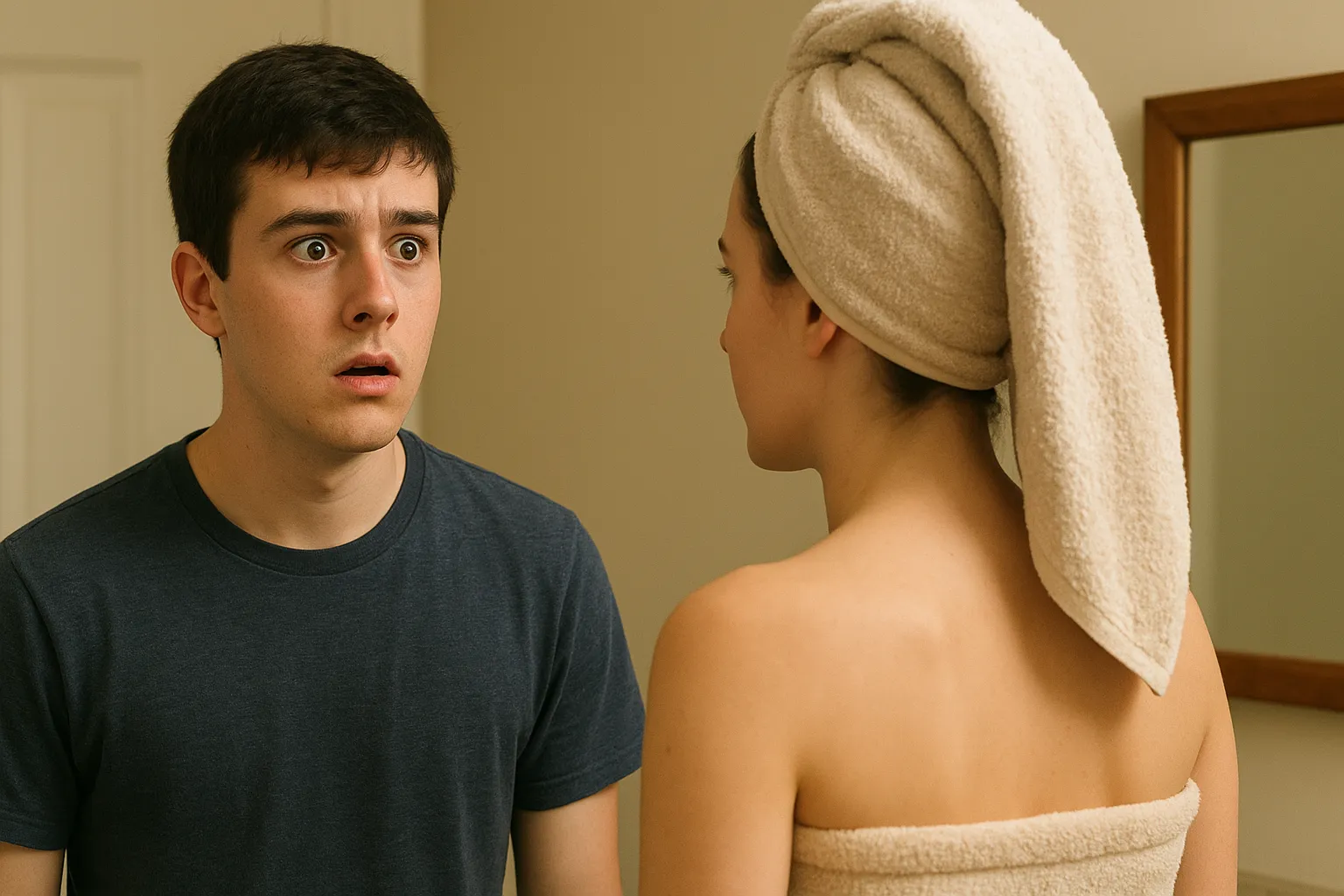 پسری که به خواهرش که از حمام بیرون آمده است با اضطراب نگاه میکند