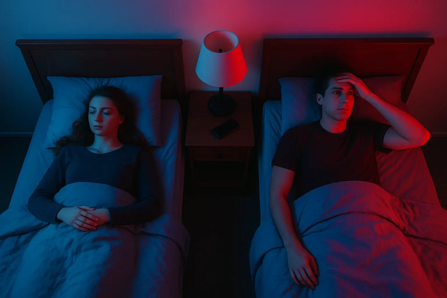 خواهر و برادری در اتاق خوابیدند و پسر بسیار استرس دارد و بیدار است