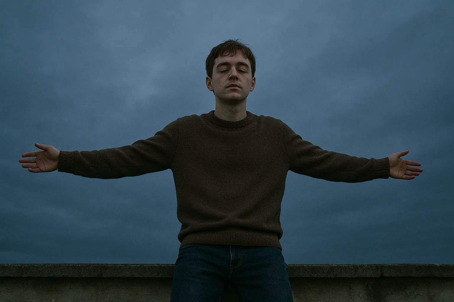 پسر جوانی با چشمان بسته و بازوان باز که آرامش درونی را بازیافته است.