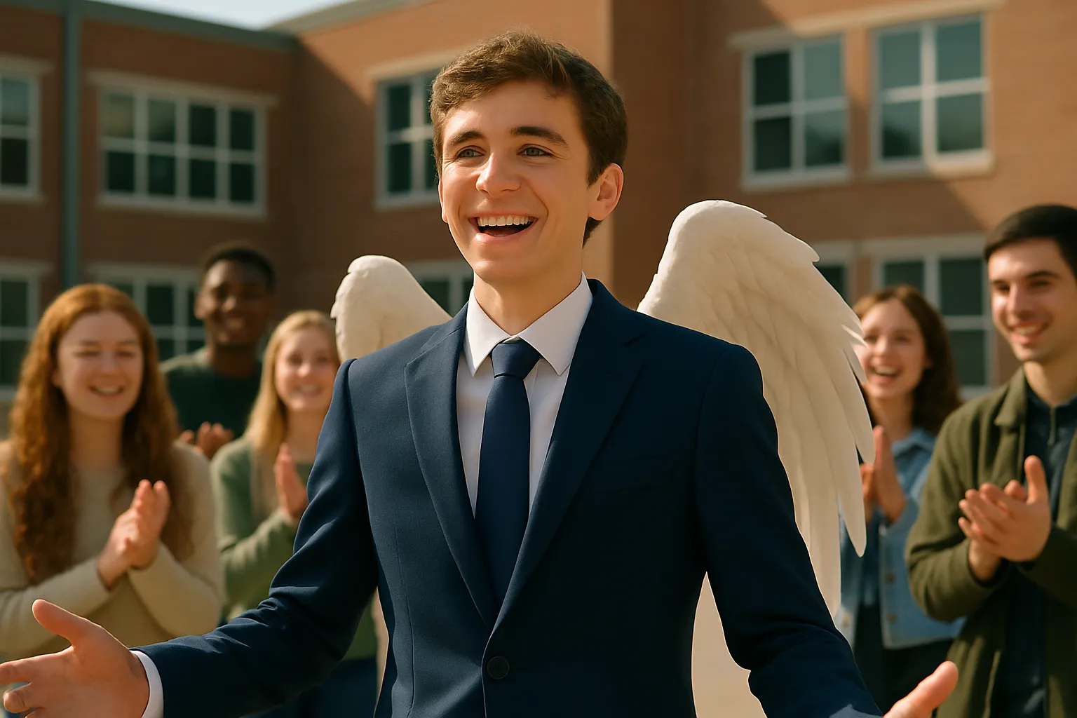 پسر خندان با بال‌های سفید در آسمان که نماد ذهن آزاد است.