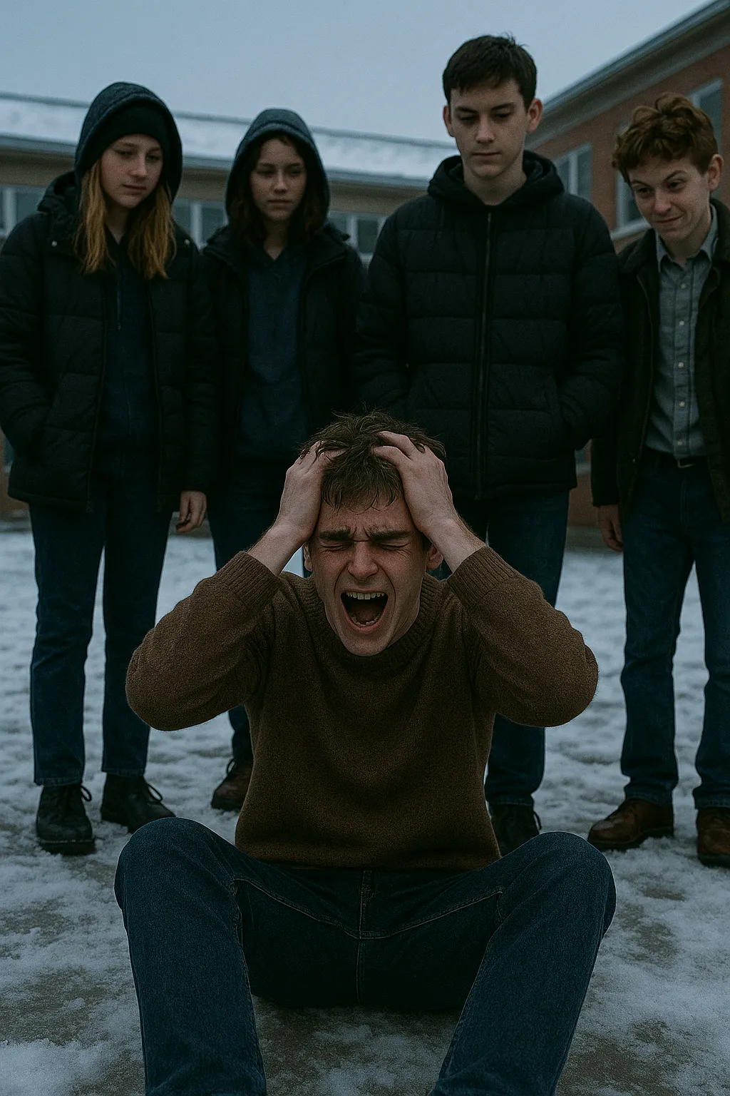 پسر جوانی که روی زمین فریاد می‌زند و اطرافیان با نگرانی به او نگاه می‌کنند.