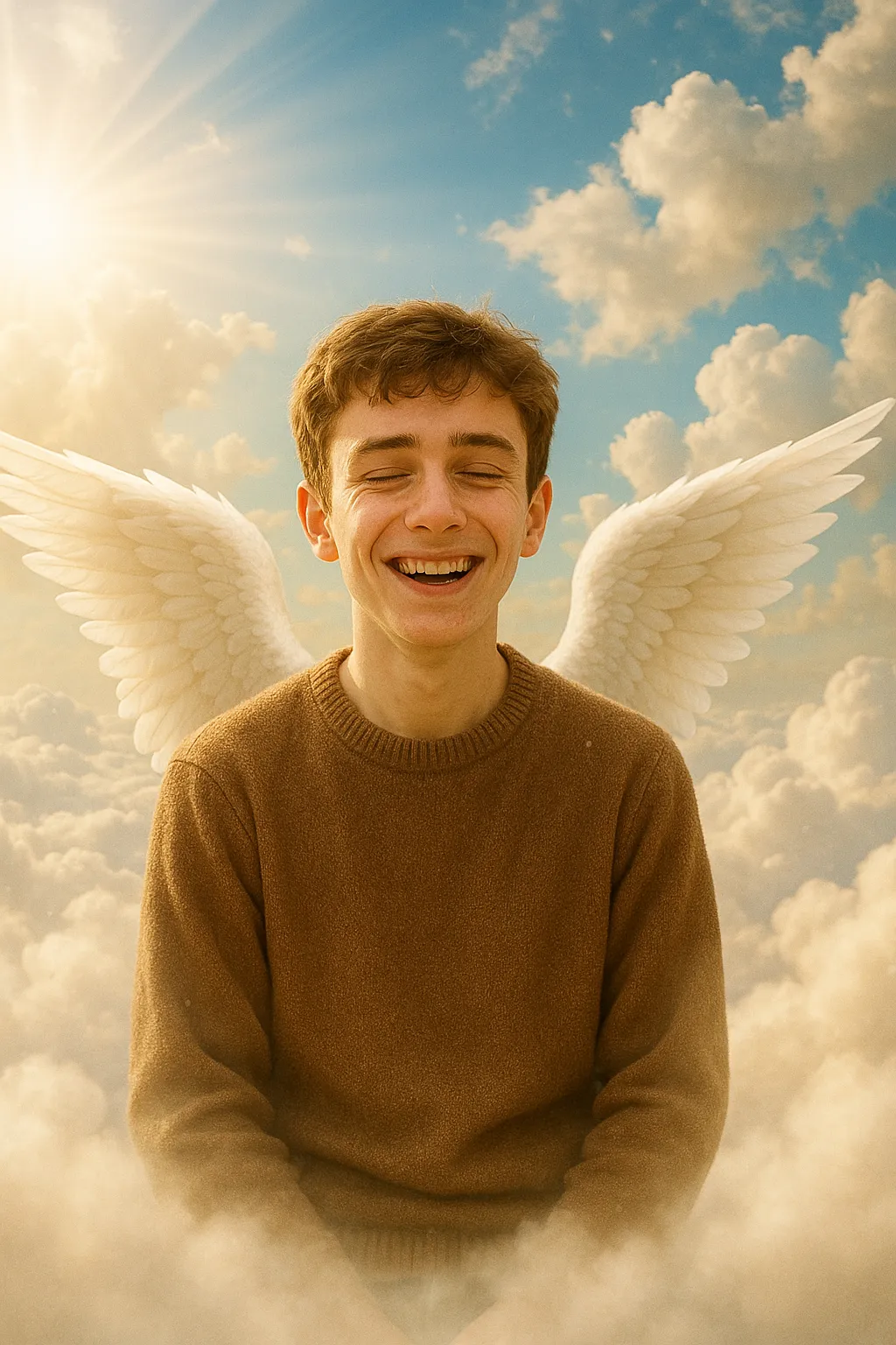 پسر خندان با بال‌های سفید در آسمان که نماد ذهن آزاد است.