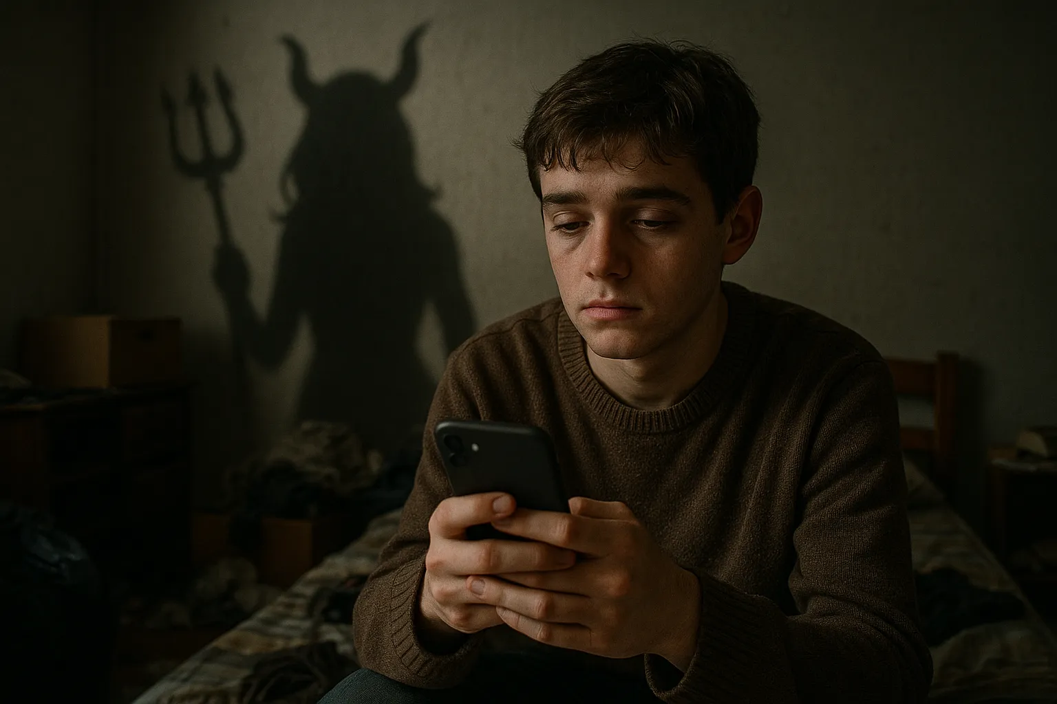 پسر جوانی که در تنهایی به گوشی خود نگاه می‌کند در حالی که سایه وسوسه پشت سر او دیده می‌شود.