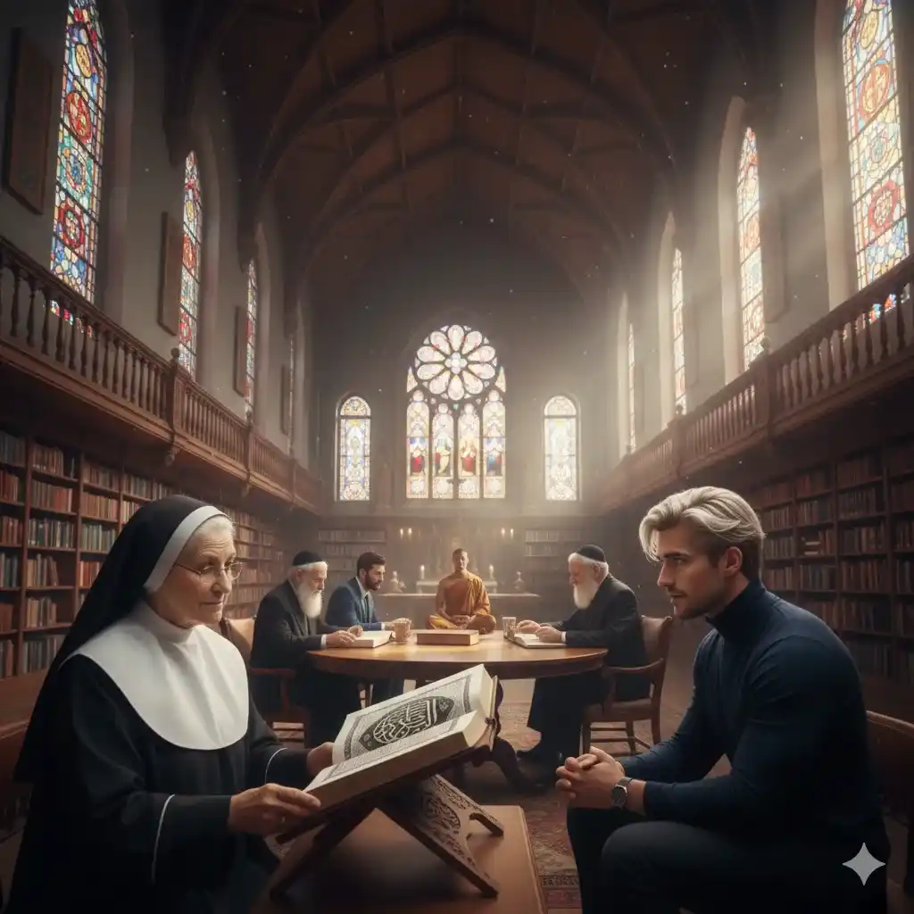 جوانان ادیان مختلف در حال مطالعه کتابهای علمی و مذهبی در کتابخانه