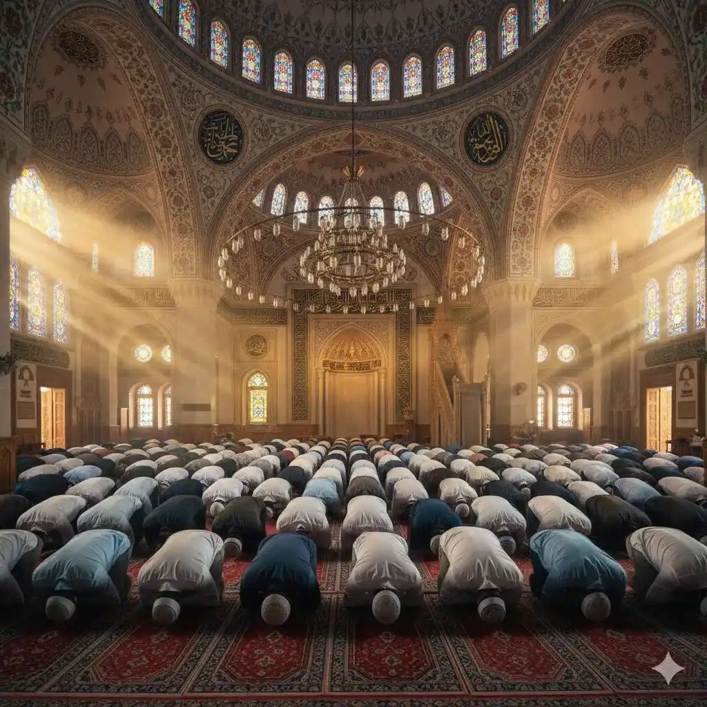 نمای داخلی مسجد و صفوف نمازگزاران مسلمان در حال عبادت