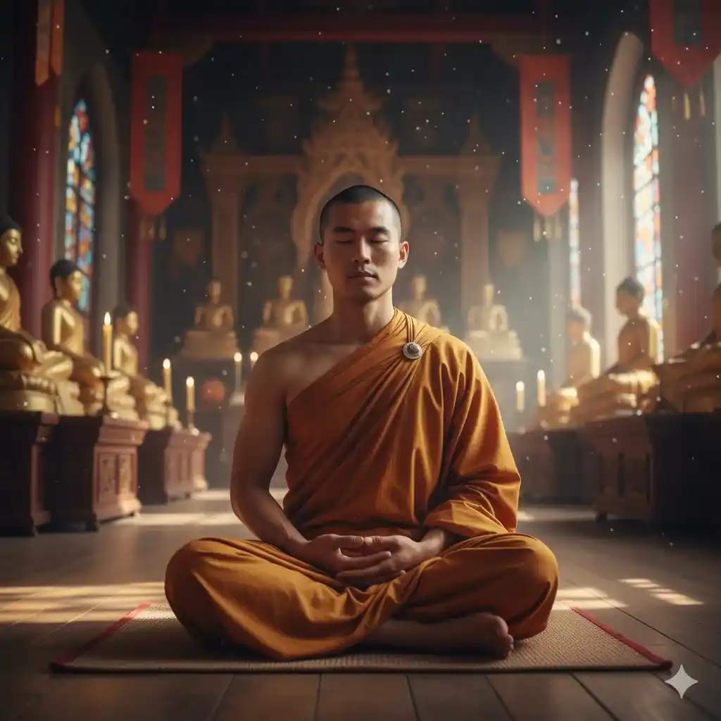تصویر پسر جوان بودایی در حال مدیتیشن و عبادت معنوی