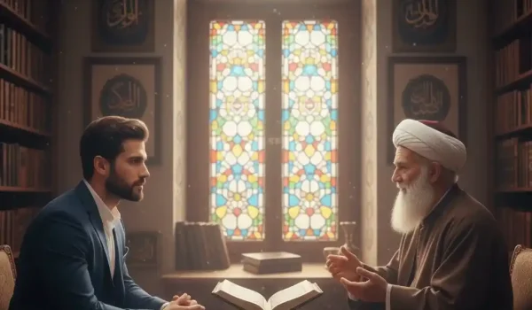 گفتگوی صمیمانه نوجوان مسلمان با مبلغ مذهبی در مسجد