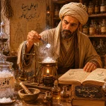 حکیم ابوعلی سینا در حال تحقیق بر روی خواص و آزمایش بلورهای کافور در آزمایشگاه طب سنتی برای اثرات کافور در ترک خودارضایی و کاهش میل جنسی