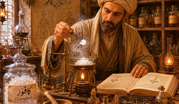 حکیم ابوعلی سینا در حال تحقیق بر روی خواص و آزمایش بلورهای کافور در آزمایشگاه طب سنتی برای اثرات کافور در ترک خودارضایی و کاهش میل جنسی