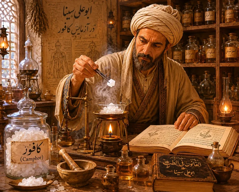 حکیم ابوعلی سینا در حال تحقیق بر روی خواص و آزمایش بلورهای کافور در آزمایشگاه طب سنتی برای اثرات کافور در ترک خودارضایی و کاهش میل جنسی
