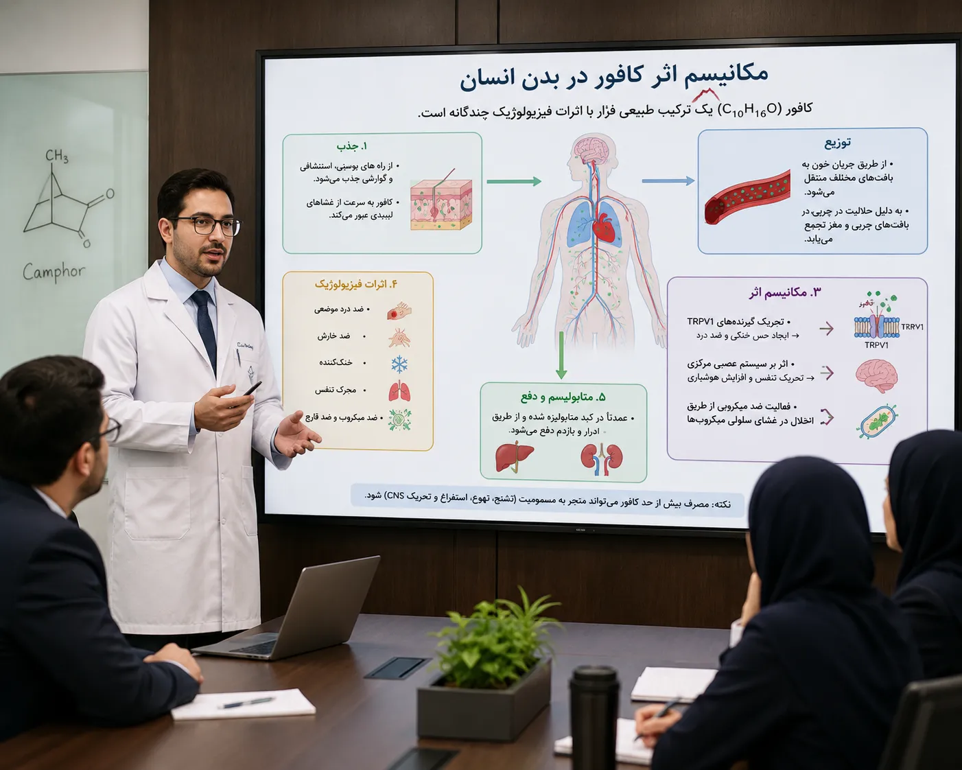 پزشک متخصص در حال تشریح مکانیسم اثر کافور بر سیستم عصبی و فیزیولوژی بدن انسان و اقدامات مصرف پزشکی بعد از مصرف آن